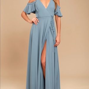 Lulu’s “Easy Listening” slate blue wrap maxi dress